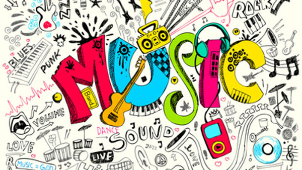 image of different music genres, musical instruments, a music collage